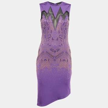 Pre Owned Just Cavalli Purple Studded Mesh Trim Jersey Asymmetric Dress S