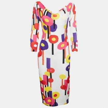 Pre Owned Just Cavalli White Floral Print Stretch Knit Midi Dress S