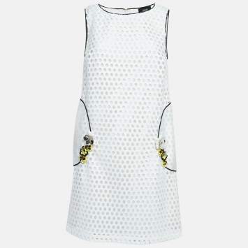 Pre Owned Just Cavalli White Floral Embellished Lace Sleeveless Shift Dress L