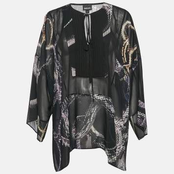 Pre Owned Just Cavalli Black Snake Printed Chiffon Semi Sheer Blouse M