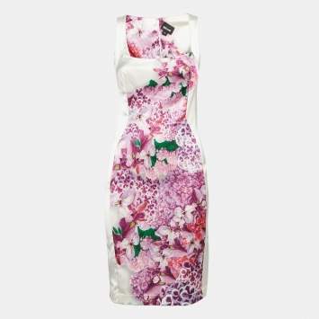 Pre Owned Just Cavalli Pink Floral Print Satin Sheath Dress S