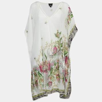 Pre Owned Just Cavalli White Printed Crepe Kaftan Mini Dress S
