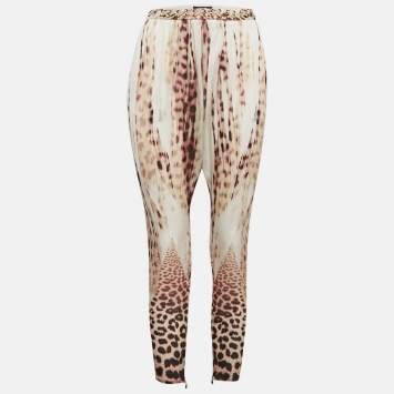 Pre Owned Just Cavalli Multicolor Leopard Print Silk Waist Detail Pants S