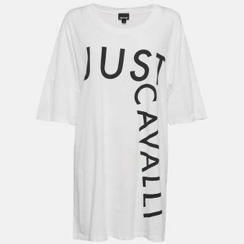Pre Owned Just Cavalli White Logo Print Cotton T-Shirt Dress L