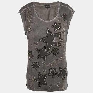 Pre Owned Just Cavalli Grey Star Studded Cotton Sleeveless T-Shirt L