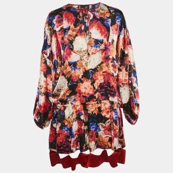 Pre Owned Just Cavalli Multicolor Silk Satin Floral Print Oversized Mini Dress M