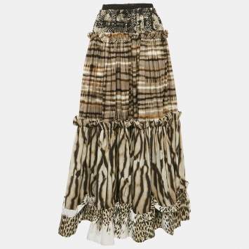 Pre Owned Just Cavalli Multicolor Printed Crepe Ruffled Maxi Skirt M