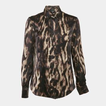Pre Owned Just Cavalli Multicolor/Brown Animal Print Satin Silk Button Front Shirt M