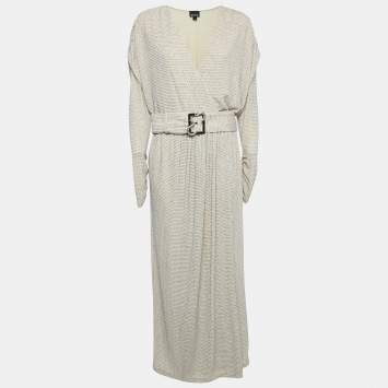 Pre Owned Just Cavalli Cream Glitter Embellished Jersey Belted Wrap Style Maxi Dress L