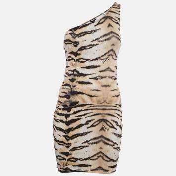 Pre Owned Just Cavalli Brown Tiger Print Jersey One Shoulder Bodycon Dress S