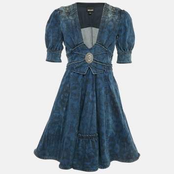 Pre Owned Just Cavalli Blue Printed Denim Flared Short Dress S