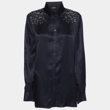 Just Cavalli Navy Blue Viscose Embellished Button Front Shirt M