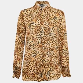 Just Cavalli Brown Satin Leopard Print Button Front Shirt S