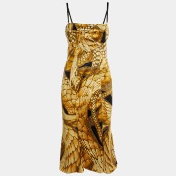 Just Cavalli Yellow Printed Satin Sleeveless Dress M