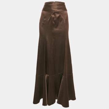 Just Cavalli Brown Stretch Satin Maxi Skirt M