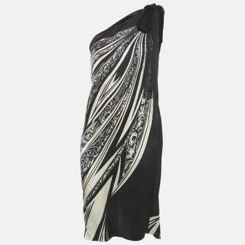Just Cavalli Black printed Silk One Shoulder Dress S