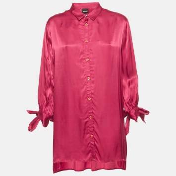 Pre Owned Just Cavalli Satin Pink Tie- Up Sleeve Shirt Blouse L