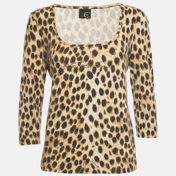 Pre Owned Just Cavalli Brown Animal Print Jersey Embellished Slim Fit Top L 