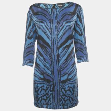 Pre Owned Just Cavalli Blue Animal Print Silk Long Sleeve Mini Dress M