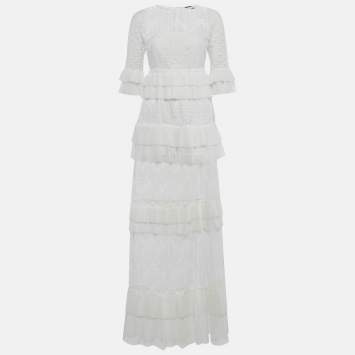Pre Owned Just Cavalli White Lace Ruffle Detail Tiered Maxi Dress S