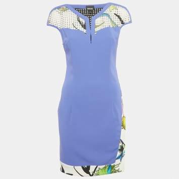 Pre Owned Just Cavalli Purple Floral Print Crepe Perforated Detail Mini Dress S