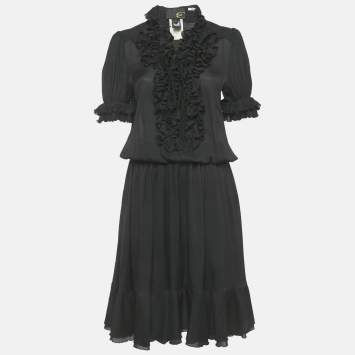 Pre Owned Just Cavalli Black Crepe Frill Detail Sheer Midi Dress M