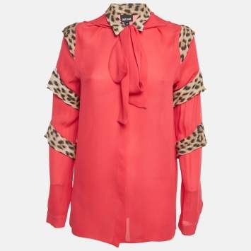 Pre Owned Just Cavalli Pink Animal Print Ruffle Detail Silk Blouse M