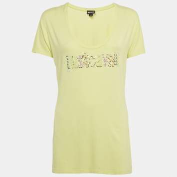 Pre Owned Just Cavalli Lime Green Logo Embellished Jersey Round Neck T-Shirt XL 