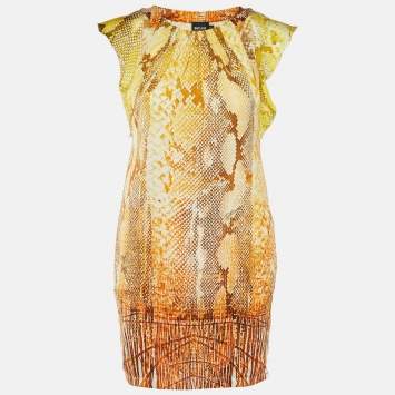 Pre Owned Just Cavalli Yellow Snakeskin Printed Georgette Mini Dress S
