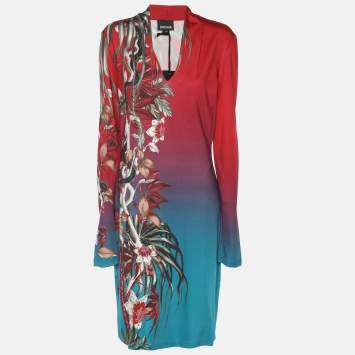 مملوكة مسبقًا فسـتان مـيدي جـست كـافـالـي سـاتـان سـتـرتـش مـطـبـوع مـتـعـدد الألـوان أكـمـام طويـلـة حول عـنق عـلى شـكل V أحـمـر مـقـاس كـبـيـر