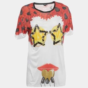 Pre Owned Just Cavalli White Printed Embellished Jersey T-Shirt M