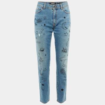 Pre Owned بنطلون جينز جست كافالي دنيم نقش رسومات زرقاء نحيف مخصر 30 بوصة