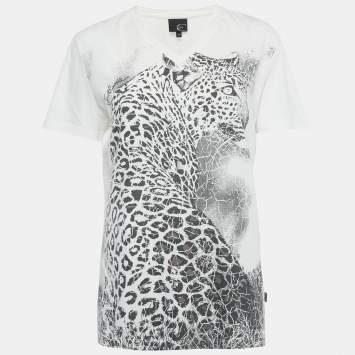 Pre Owned Just Cavalli White Printed Cotton Distressed V-Neck T-Shirt L 