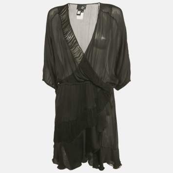 مملوكة مسبقًا فستان ميني جست كافالي حرير مجعد أسود مقاس كبير - لارج