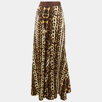 Pre Owned Just Cavalli Brown Animal Print Satin Maxi Skirt L
