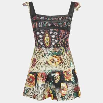 مملوكة مسبقًا تنورة وتوب جست كافالي حرير وجيرسي مطبوع متعدد الألوان مقاسات صغيرة / متوسطة