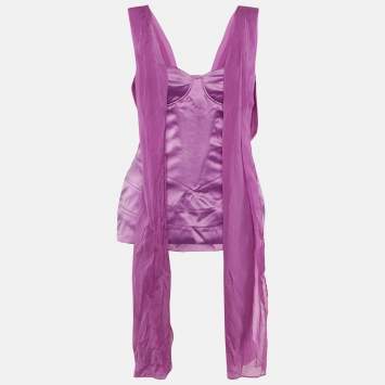 Pre Owned Just Cavalli Purple Satin Detachable Drape Corset Top M