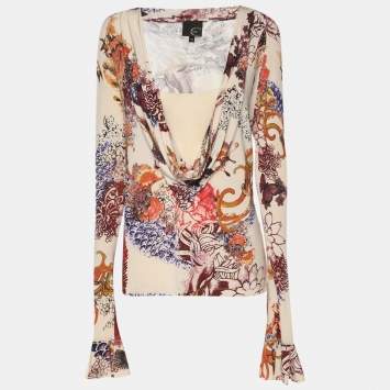 Pre Owned Just Cavalli Beige Printed Jersey Long Sleeve Tops L
