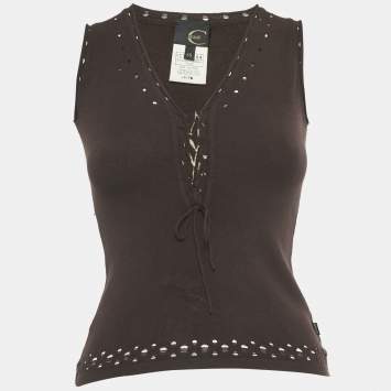Pre Owned Just Cavalli Brown Knit Tie Detail Sleeveless Top XS