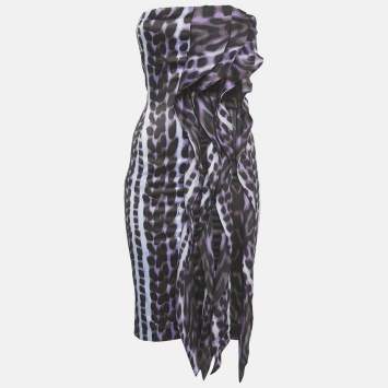 مملوكة مسبقًا فستان جاست كافالي ساتان بتمدد بدون حمالات بطبعة فهد أرجواني صغير