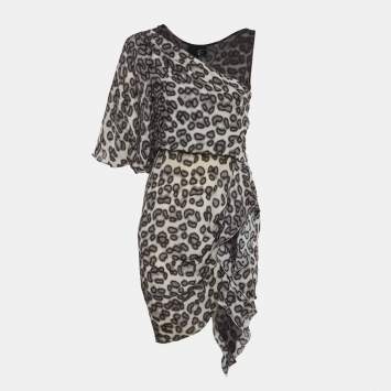 Pre Owned Just Cavalli Leopard Print Crepe Asymmetric Mini Dress S