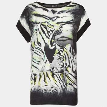 مم لوكة مسبقًا Just Cavalli Black Tiger Print Satin & Knit Crew Neck T-Shirt XS
