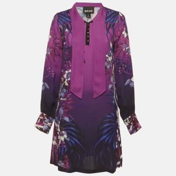 Pre Owned Just Cavalli Purple Printed Crepe Neck Tie Detail Mini Dress M