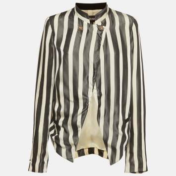Pre Owned Just Cavalli Black & Cream Striped Crepe Open Front Blazer M