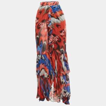 مملوكة مسبقًا Just Cavalli Multicolour Abstract Print Crepe Ruffled Maxi Skirt M