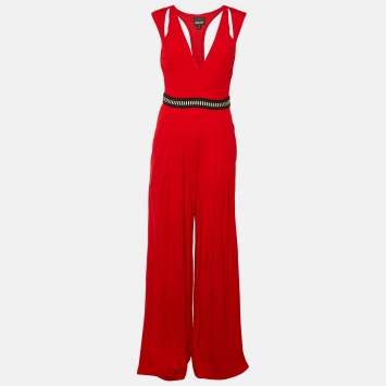 مملوكة مسبقًا Just Cavalli Red Jersey Pleated Jumpsuit M