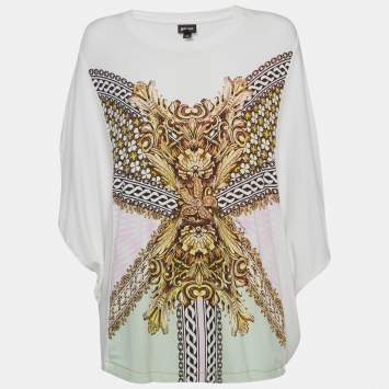 مملوكة مسبقًا Roberto Cavalli White Printed Jersey Kimono Sleeve Top L