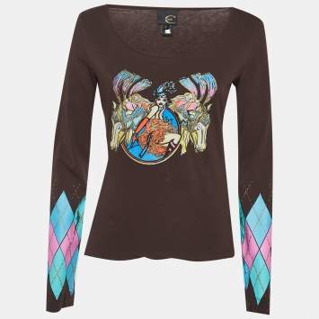 Pre Owned Just Cavalli Brown Graphic Print Argyle Patterned Sleeves Top L