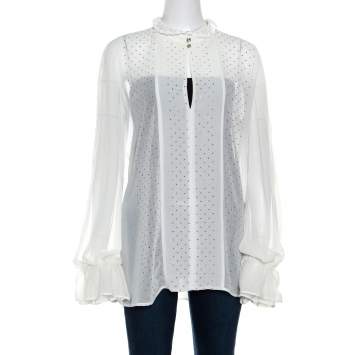 Pre Owned Just Cavalli White Crepe Ruffled Cuff Lace Neck Trim Detail Studded Blouse M