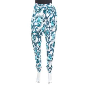 Pre Owned Just Cavalli White and Blue Shell Printed Draped Tie Detail Pants M